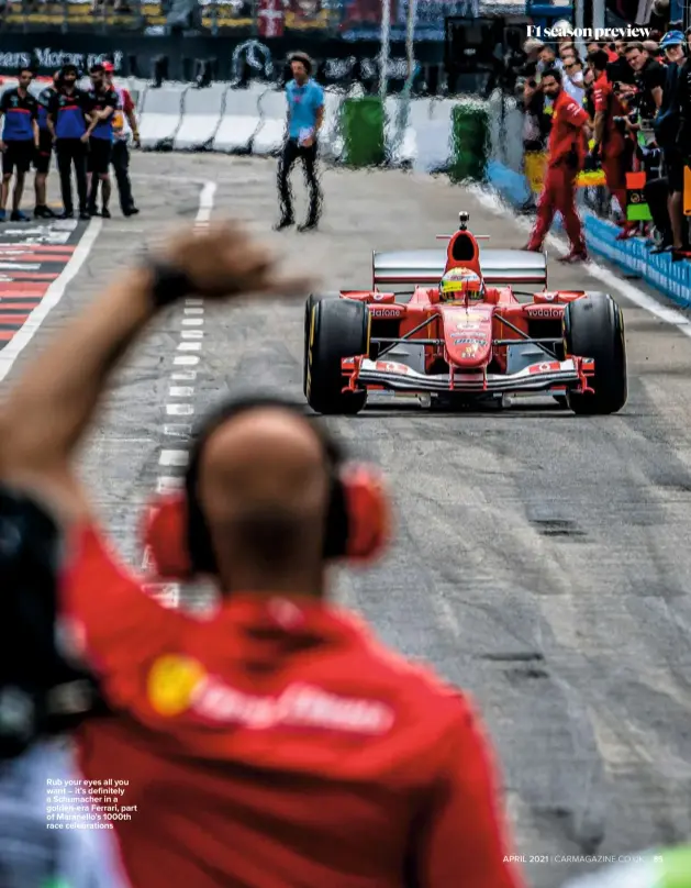  ??  ?? Rub your eyes all you want – it’s definitely a Schumacher in a golden-era Ferrari, part of Maranello’s 1000th race celebratio­ns