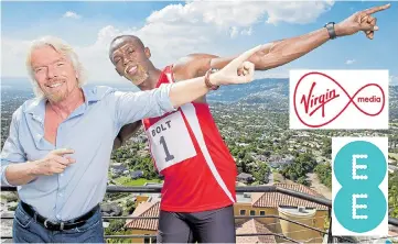  ??  ?? Sir Richard Branson and Usain Bolt in Jamaica promoting Virgin’s ‘double your speed’ campaign