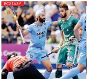  ?? PTI ?? India’s Ramandeep Singh celebrates after scoring a goal against Pakistan during their Hockey World League Semi-final match in London on Sunday