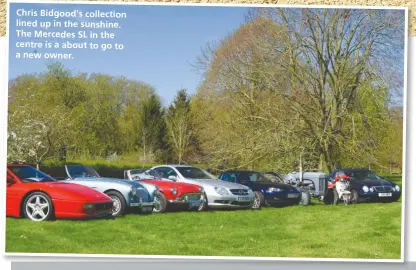  ??  ?? Chris Bidgood's collection lined up in the sunshine. The Mercedes SL in the centre is a about to go to a new owner.