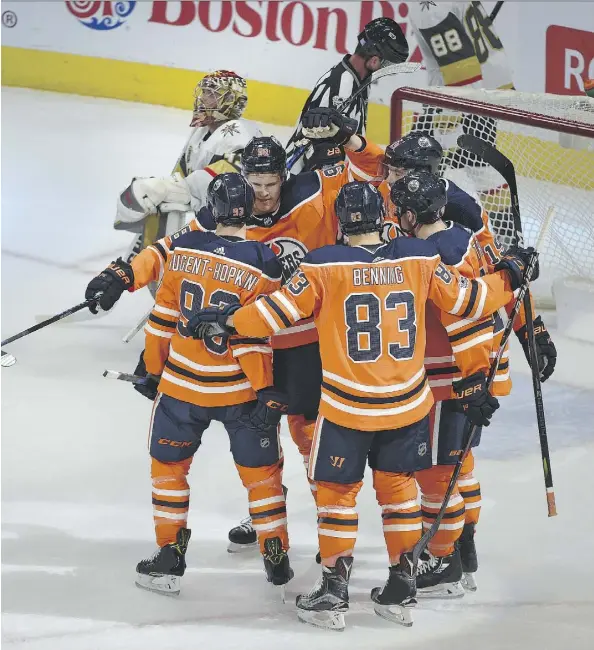  ?? ED KAISER ?? The Edmonton Oilers had many occasions to celebrate Tuesday night, as they scored eight times on the visiting Vegas Golden Nights to record a big 8-2 victory at Rogers Place to kick off a homestand that continues Thursday against the St. Louis Blues.