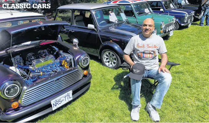  ?? ALYN EDWARDS • POSTMEDIA ?? Nadir Ibadullah poses with his collection of classic Mini cars on display at Vancouver’s All-british Field Meet.