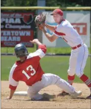  ?? GENE WALSH — MEDIANEWS GROUP ?? Neshaminy’s Cory Joyce prepares to throw to first after forcing out Souderton’s Conlan Wall at second on Tuesday.