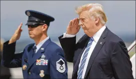  ?? PABLO MARTINEZ MONSIVAIS / ASSOCIATED PRESS ?? President Donald Trump salutes Friday in Hagerstown, Md., after arriving on Air Force One for a trip to nearby Camp David. Trump met with his national security team at the presidenti­al retreat to discuss South Asia.