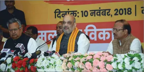  ??  ?? BJP president Amit Shah addresses a press conference after releasing the party’s manifesto for the upcoming Chhattisga­rh assembly elections, in Raipur yesterday.