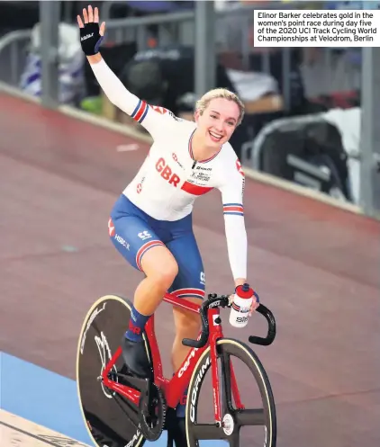  ??  ?? Elinor Barker celebrates gold in the women’s point race during day five of the 2020 UCI Track Cycling World Championsh­ips at Velodrom, Berlin