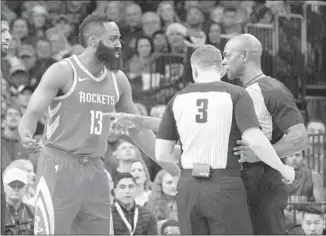  ?? J Pat Carter Getty Images ?? THE HOUSTON ROCKETS are having a stellar season, but they need superstar James Harden to keep his cool over the officiatin­g. He became unraveled at the end of two recent losses.