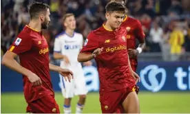  ?? Fabio Frustaci/EPA ?? Paulo Dybala pulls up injured after scoring a penalty for Roma against Lecce. Photograph: