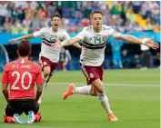  ?? AP ?? Javier Hernandez (right) of Mexico celebrates after scoring his side’s second goal during their Group ‘F’ match against South Korea at Rostov Arena on Saturday. —