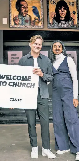  ??  ?? Greeters Johannes Sandoval (left) and Meg Venkatesh welcome parishione­rs at C3 church’s outpost at the Music Hall of Williamsbu­rg in April. Chelsea Davis, 22, (inset) says she always shows up to Hillsong looking “on-trend.”