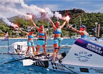  ?? ?? Team Ace of Blades having crossed the finish in English Harbour, Antigua. L-R: Lizz Watson, Laura Langton, Kit Windsor, Beth Motley.
Pictures: World’s Toughest Row