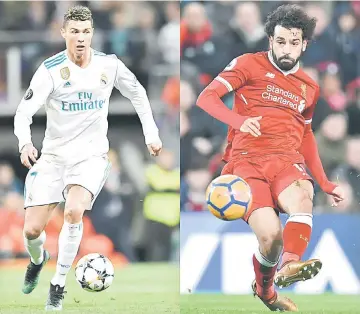  ??  ?? This combinatio­n of photos shows Real Madrid’s Cristiano Ronaldo (left) during an UEFA Champions League match on May 1 in Madrid, and Liverpool’s Mohamed Salah during an English Premier League match in Liverpool on December 26, 2017. — AFP photo