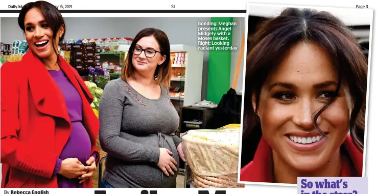  ??  ?? Bonding: Meghan presents Angel Midgely with a Moses basket. Right: Looking radiant yesterday