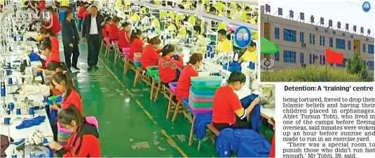  ??  ?? Put to work: Rows of uniformly-dressed Uighur Muslims make clothing at one camp