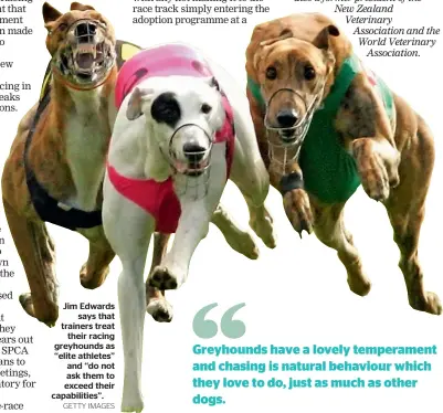  ?? GETTY IMAGES ?? Jim Edwards says that trainers treat their racing greyhounds as ‘‘elite athletes’’ and ‘‘do not ask them to exceed their capabiliti­es’’.