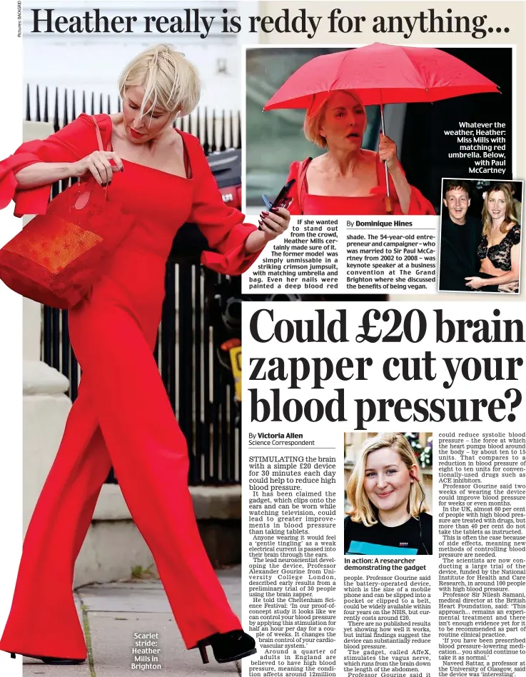  ?? ?? Scarlet stride: Heather Mills in Brighton
Whatever the weather, Heather: Miss Mills with matching red umbrella. Below, with Paul McCartney