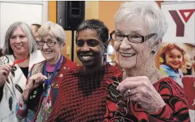  ?? CLIFFORD SKARSTEDT EXAMINER ?? YMCA Peace Medallion recipient Rosemary Ganley with her past medal recipients Charmaine Magumbe, Sheila Nabigon-Howlett and Janet McCue during a ceremony Friday.