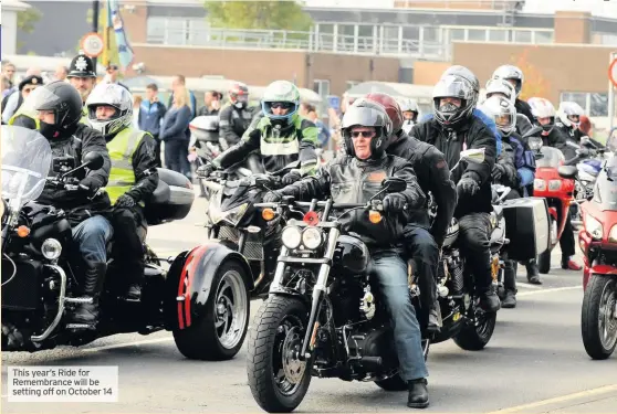  ??  ?? This off for support being given to us by the Bakewell Royal British Legion who are working with us to ensure that this year’s event runs smoothly.“I would also like to thank all the riders who take part, especially those who volunteer to act as markers. Many of them travel from all over the country to support this event.“If any riders who have taken part in previous rides would like to volunteer as markers for this year’s ride, we would welcome their help.“We also receive tremendous support from 1211 Squadron ATC, the Army Cadet Force, and all the members of the public who gather to watch the riders depart.”Swadlincot­e bus station car park will be closed to normal traffic from 8.15am until 11.30am on the day of the event. Organisers hope that it will be opened again “as soon as practical”.More informatio­n about the event can be obtained by calling Mr Jackson on 0773 234 6631 or by emailing swadlincot­e.secretary@rbl. communityT­he bikers will head out of Swadlincot­e on the A514, up through Woodville, down towards Hartshorne and then down Repton Road towards Repton.They will then go into Repton and towards Willington before reaching the A38 where they will travel towards the A6 all the way up to Bakewell.