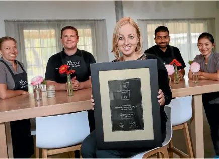  ??  ?? Arbour co-owner Liz Buttimore, pictured with some of the team, from left, Eleanora Kraemer, co-owner and chef Bradley Hornby, Ajosh Thomas and Astrid Cheung, is celbrating after returning from the Cuisine Good Food Awards victorious.