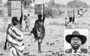  ??  ?? Women carry boxes of nutritiona­l food delivered by the United Nations World Food Programme (UN WFP), in Rubkuai village, Unity State, South Sudan. (Inset) Salva Kiir. — Reuters photo