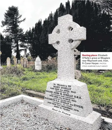  ?? PHOTOS: STEVE HUMPHREYS/ALF HARVEY ?? Resting place: Elizabeth O’Kelly’s grave at Moyglare near Maynooth and, inset, Fr Conor Harper.