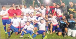  ??  ?? The ONGC players celebrate after defeating Air India to emerge champions of the MDFA Elite Division.