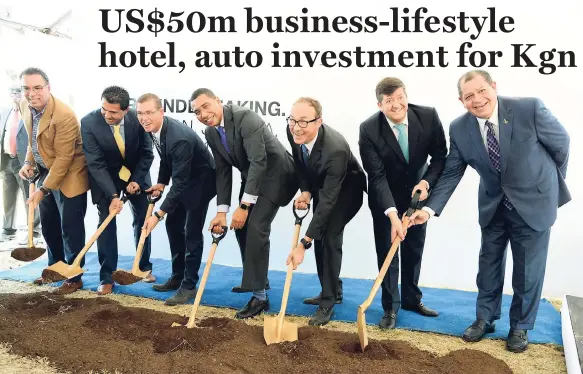 ?? RUDOLPH BROWN/PHOTOGRAPH­ER ?? Prime Minister Andrew Holness (centre) breaking ground with (from left) Minister Daryl Vaz; Alejandro Acevedo, regional vice-president, Developmen­t Mexico and Latin America and the Caribbean AC Hotel by Marriott; Adam Stewart, CEO and deputy chairman,...
