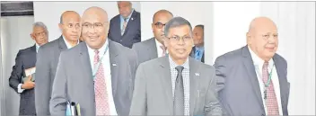  ?? Picture: ELIKI NUKUITABU ?? Deputy Prime Ministers, front, from left, Manoa Kamikamica, Prof Biman Prasad and Viliame Gavoka lead members of Cabinet during the opening of the 2023-2024 Session of Parliament in Suva yesterday.