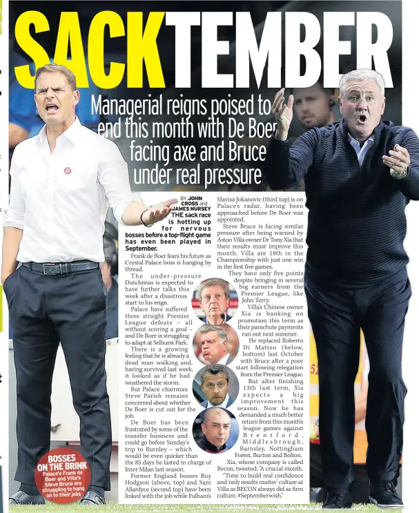  ??  ?? BOSSES ON THE BRINK Palace’s Frank de Boer and Villa’s Steve Bruce are struggling to hang on to their jobs