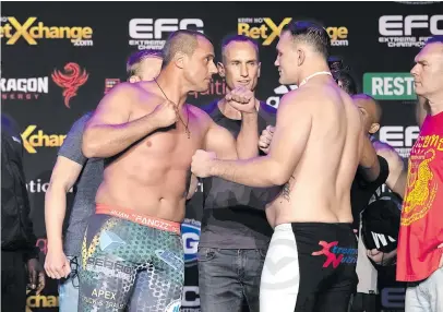  ?? Picture: Gallo Images ?? FRONTING UP. South Africa’s Ruan Potts (left) and American Jared Vanderaa will meet for the interim EFC heavyweigh­t title in Pretoria tonight.