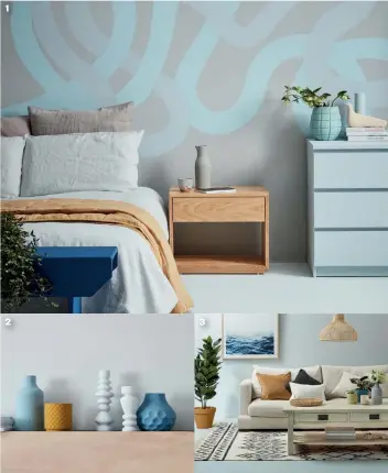  ?? Styling by Leigh Stockton; image by Bryce Carlton. ?? 1. Wall painted in Resene Grey Seal with painted swirls in Resene Mystery and Resene Remember Me.Styling by Gem Adams; image by Wendy Fenwick.2.Wall painted in Resene Sea Fog as a cool-based white backdrop. Add a collection of ornaments painted in Resene Poured Milk (candlestic­ks), Resene Lazy River (honeycomb vase), Resene Raindance (textured vase) and Resene Influentia­l (diamond-patterned pot).Styling by Claudia Kozub; image by Melanie Jenkins.3.A wall in popular Resene Half Duck Egg Blue forms a tonal partnershi­p with a floor in Resene Half Dusted Blue. Add chunky painted furniture, in Resene Ecru White, for a rustic coastal vibe. The large plant pot is in Resene Quarter Sorrell Brown and the small pot on the table at left is Resene Sandspit Brown.