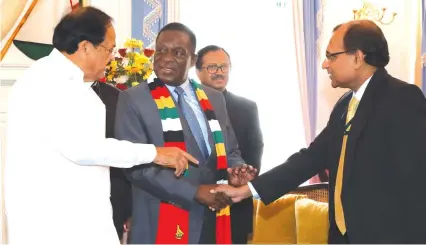  ?? — Picture: Tawanda Mudimu ?? President Emmerson Mnangagwa is introduced to India’s Foreign Secretary Mr TS Tirimurti by that country’s visiting Vice-President Venkaiah Naidu at State House, Harare yesterday.