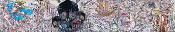  ??  ?? A MASSIVE TAKASHI MURAKAMI painting, “In the Land of the Dead, Stepping on the Tail of a Rainbow” (2014), joins other Murakami works in the collection.