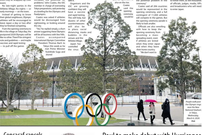  ?? FILE ?? People walk past the Olympic rings near the New National Stadium in Tokyo, Wednesday, March 4, 2020.