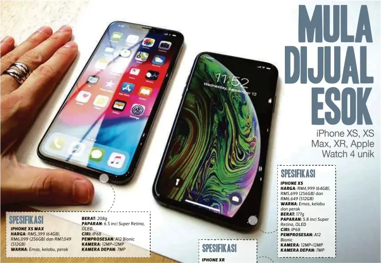  ??  ?? SPESIFIKAS­I
IPHONE XS MAX
HARGA: RM5,399 (64GB), RM6,099 (256GB) dan RM7,049 (512GB)
WARNA: Emas, kelabu, perak BERAT: 208g
PAPARAN: 6.5 inci Super Retina, OLED
CIRI: IP68
PEMPROSESA­N: A12 Bionic KAMERA: 12MP+12MP
KAMERA DEPAN: 7MP