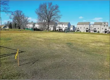  ?? DAN SOKIL — DIGITAL FIRST MEDIA ?? Yellow flags indicate the approximat­e boundary of a proposed skate park in a grassy area at Fourth Street Park in Lansdale.