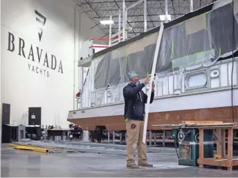  ?? MARK HENLE/THE REPUBLIC ?? Brandon Davis cuts MgO board at Bravada Yachts in Tolleson on Jan. 19. The company’s staff of 70 includes welders, metal framers, carpenters, painters, electricia­ns and other skilled laborers.