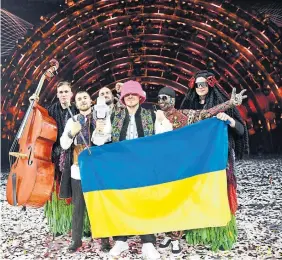  ?? GIORGIO PEROTTINO GETTY IMAGES ?? Ukraine’s Kalush Orchestra celebrates after winning the 66th Eurovision Song Contest in Turin, Italy, on Saturday.