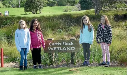  ??  ?? Silverstre­am primary school’s Olivia Langdale-Hunt, left, Atianna de Guzman, Tilly Dearsley and Rebecca Steere at the wetland. Silverstre­am teacher Jill Peauafi