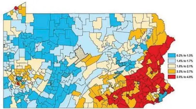  ??  ?? This map from the Pennsylvan­ia Research Center shows the percentage of family income that goes to property taxes, with the hardest hit regions in the southeaste­rn corner of the state.