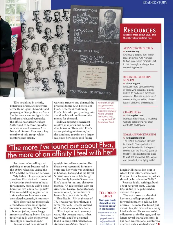  ??  ?? Above left: do you recognise any of the faces in these Biggin Hill portraits? Above: Elva sold her work to raise money for the RAF Benevolent Fund