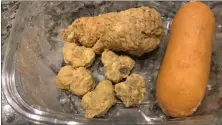  ?? SUBMITTED PHOTO ?? Greenish mold appears on these chicken tenders delivered to a home by the Pottstown School District’s food delivery system.