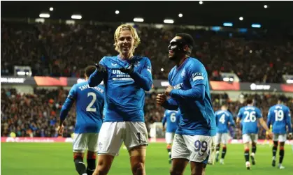 ?? Photograph: Ian MacNicol/Getty Images ?? The Rangers goalscorer­s, Todd Cantwell and Danilo, dance with joy after the Englishman’s strikeleft Sparta Prague with too much to do.