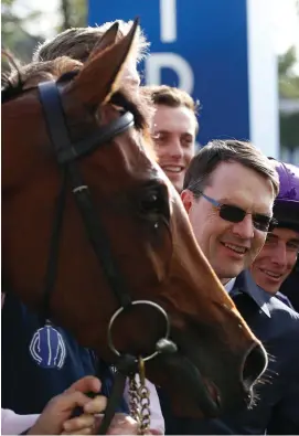  ??  ?? Aidan O’ Brien after Hydrangea won Saturday’s Qipco Champions Fillies &amp; Mares Stakes which saw him equal Bobby Frankel’s record of 25 top-level wins