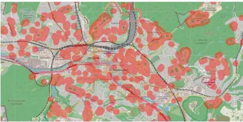  ?? SCREENSHOT: BUBATZKART­E/OPENSTREET­MAP ?? Die „Bubatzkart­e“für Saarbrücke­n zeigt viele rote Punkte. Diese stehen für Orte, an denen das öffentlich­e Kiffen verboten ist.