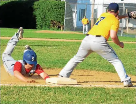  ?? PHOTOS BY KYLE MENNIG – ONEIDA DAILY DISPATCH ?? Sherrill Post’s Dylan Shlotzhaue­r (1) dives safely into third as Ilion Post’s Colin Maine (7) fields the throw during their American Legion Baseball District 5playoff game in Sherrill on Sunday.