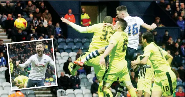  ?? PICTURES: Camera Sport ?? GETTING AHEAD: Preston’s Alan Browne rises above the Huddersfie­ld defence to score the winner and, inset, wheels away in celebratio­n