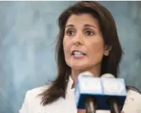  ?? AP PHOTO/MARY ALTAFFER ?? U.S. Ambassador to the United Nations Nikki Haley speaks to reporters at United Nations headquarte­rs in July.