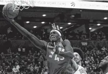  ?? NICK TURCHIARO • USA TODAY SPORTS ?? Toronto Raptors forward Pascal Siakam (43) drives to the basket over Brooklyn Nets’ Jarrett Allen (31) during during NBA action last season.