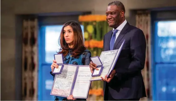  ?? FOTO: HÅKON MOSVOLD LARSEN, NTB SCANPIX ?? Denis Mukwege og Nadia Murad takket for prisen, for sympatien. Men begge vil ha handling.
